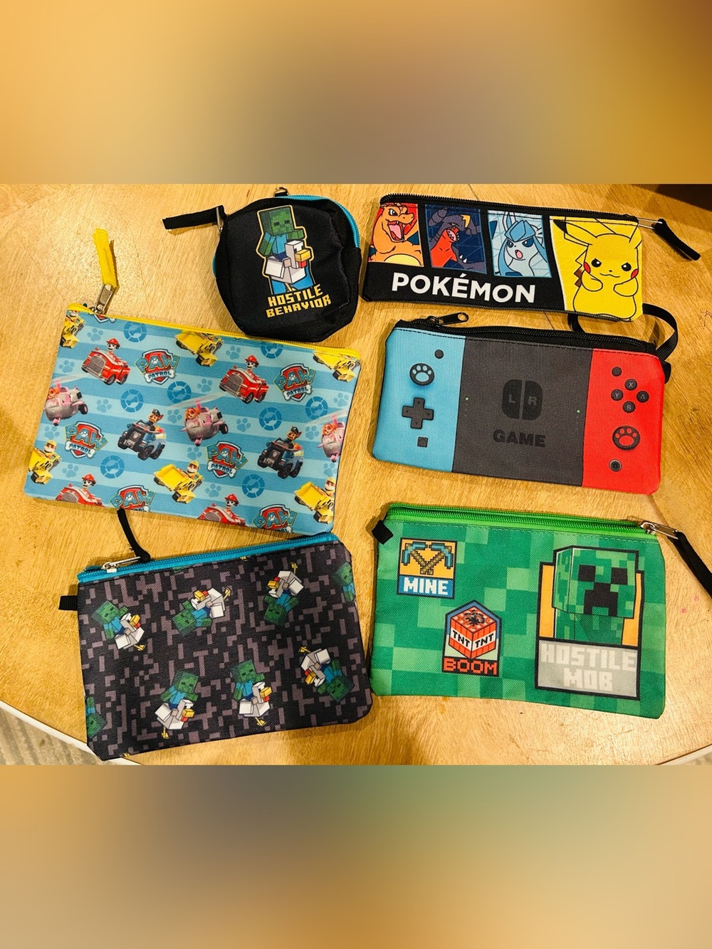 Assorted Kids Gaming & Character Zip Pouches (Minecraft, Pokemon, Paw Patrol+)